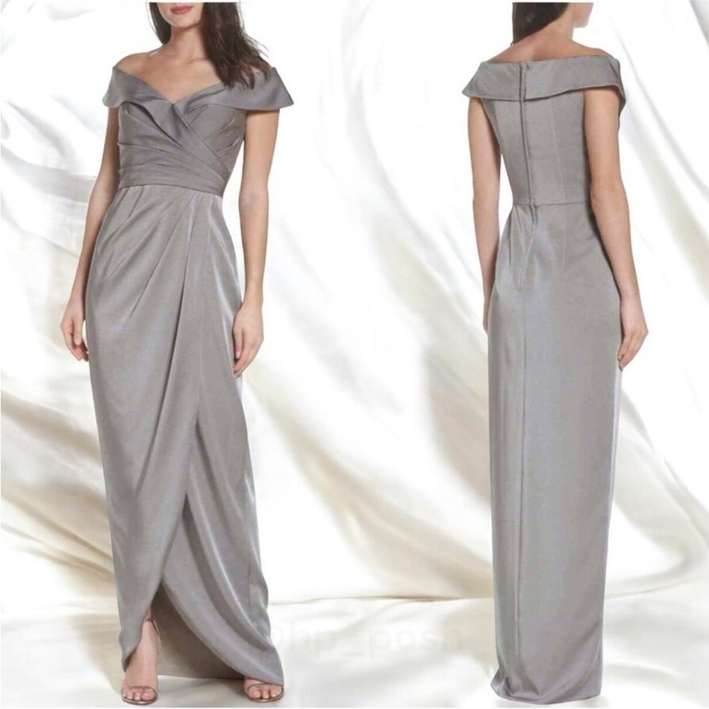 La Femme Silver-Gray Off-Shoulder Maxi Gown